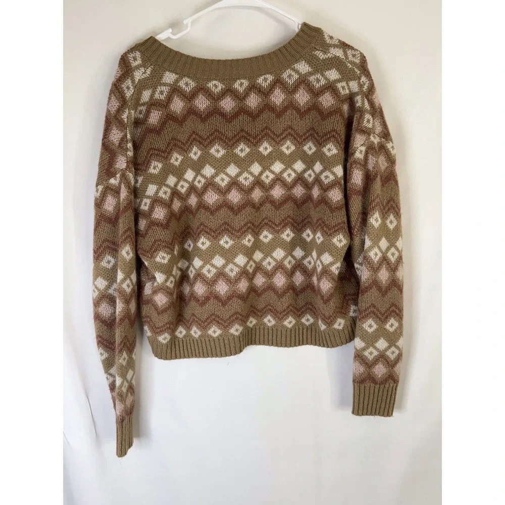 No Comment Boho Geometric Knit Sweater Size‎ Large UEC Brown Pink V-Neck